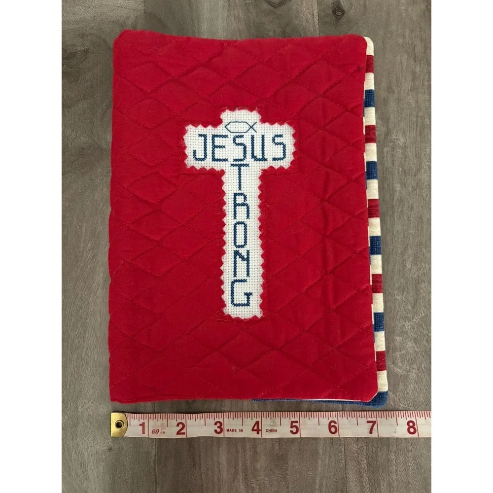 Handmade Vintage Quilted Bible Cover Cross Jesus Strong Red white blue